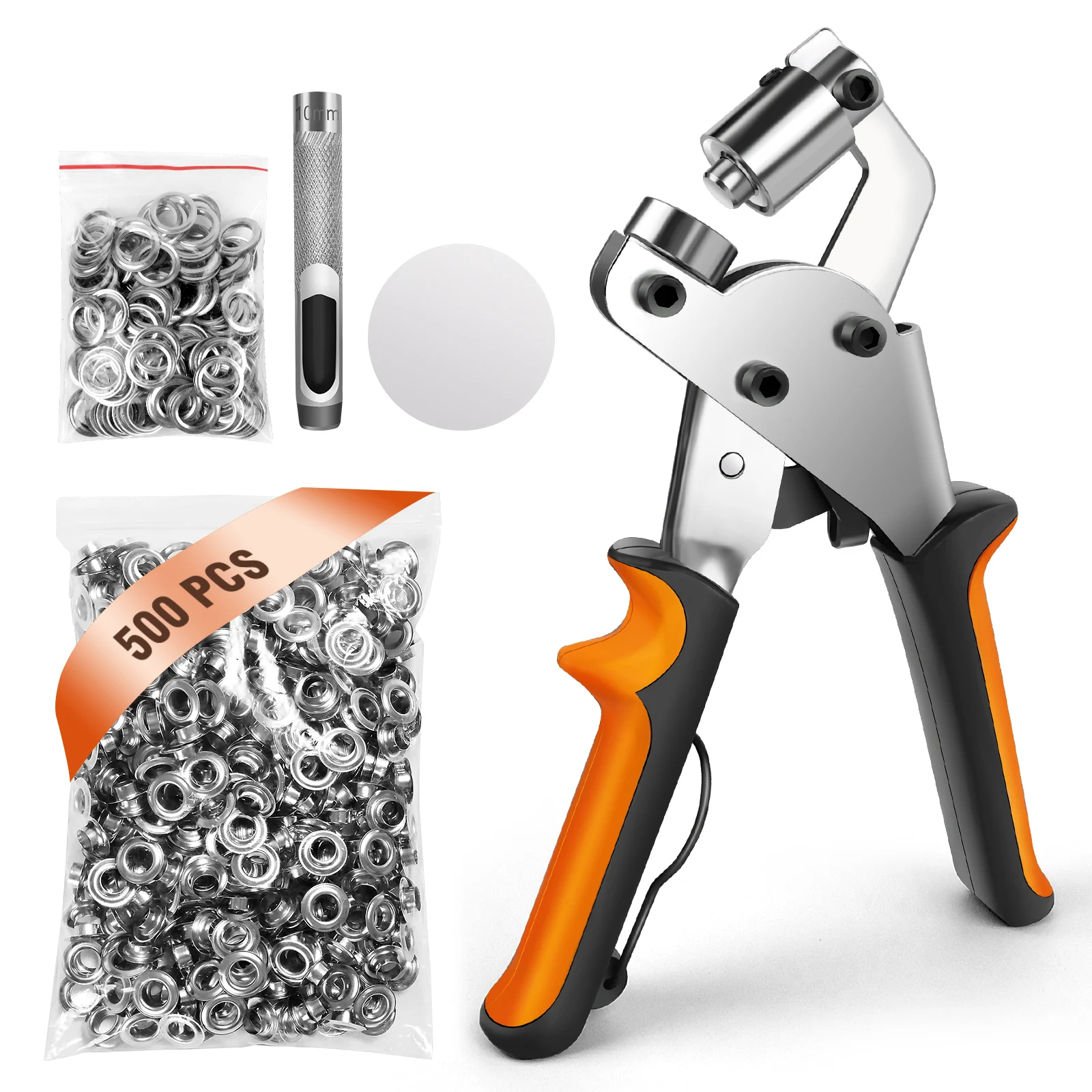 Kit Forbici per Occhielli Generici - 3/8 Pollici, Argento, Stile Moderno e Pratico - 500 Occhielli da 10mm e Kit Forbici Magnetiche con Impugnatura Antiscivolo e Comodo Gancio per Appendere