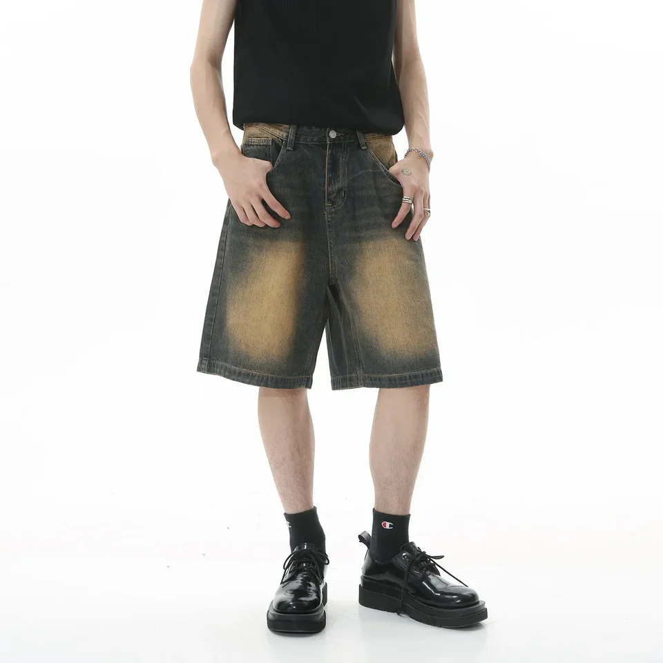 Vintage Mens Jeans High-Streets Wide-leg Pants Men Summer Baggy Jeans Denim Shorts for Men Streetwear Knee Length Short Pants