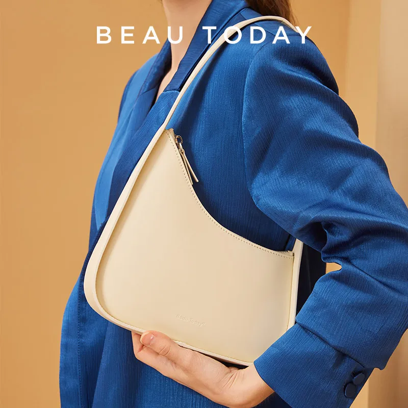 

BEAUTODAY Beige Shoulder Bags Women 2023 Genuine Cow Leather Solid Color Irregular Ladies Hand Carry Bags Underarm Bags 61025