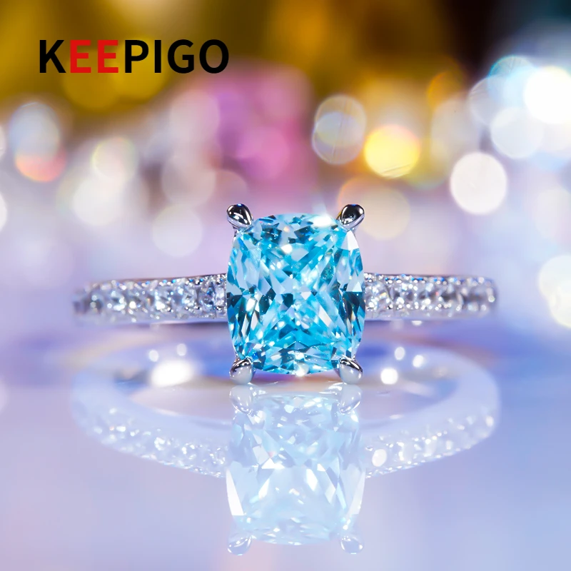 

KEEPIGO S925 Sterling Silver Blue Yellow High Carbon Diamond Design Simple 18k Diamond Lovers Rings ra062