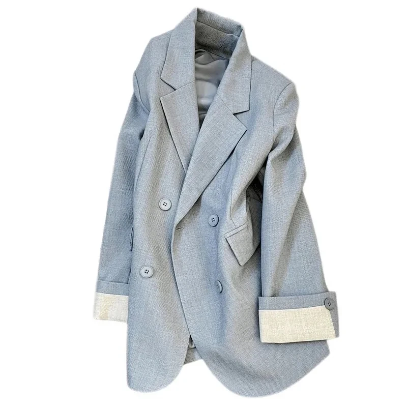 Women Blazer Korean Double Breasted Light Blue Oversized Suit Jacket Long Sleeve Loose Fit Office Workwear Coat Outerwear
