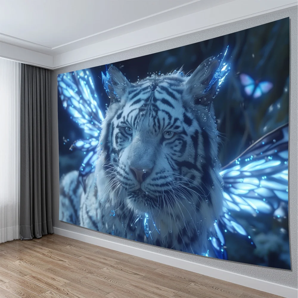 Winged White Tiger Tapestry 2D Digital Print Polyester Wall Hanging Living Room Bedroom Office Decor with Hooks