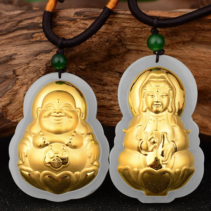 

Real Hetian Jade Pendant For Women 3D Hard Gold Pendant Bless Buddha Kwan-yin Big Pendant Gift