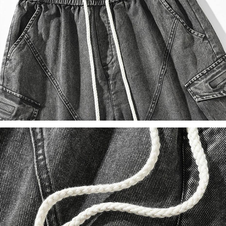 Vintage Denim Shorts Men Fashion Casual Multiple Pockets Denim Shorts Summer Elastic Waist Short Pants Male