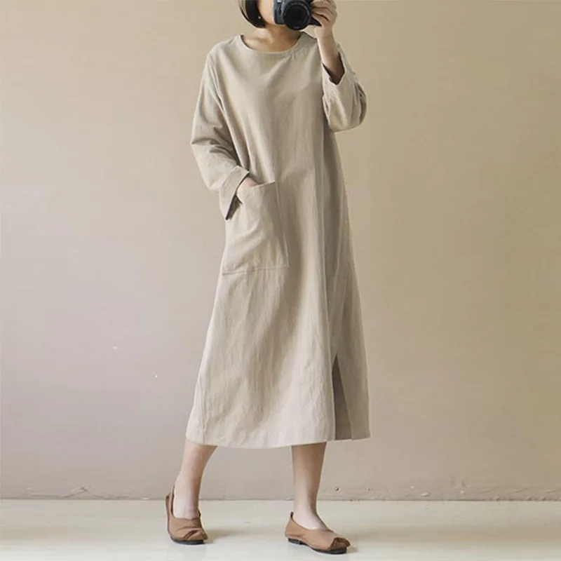 Dubai Arab Muslim Fashion Cotton and Hemp Dress, Medium to Long, Artistic Retro Long Sleeve, Japanese Sen Large Women's Wear