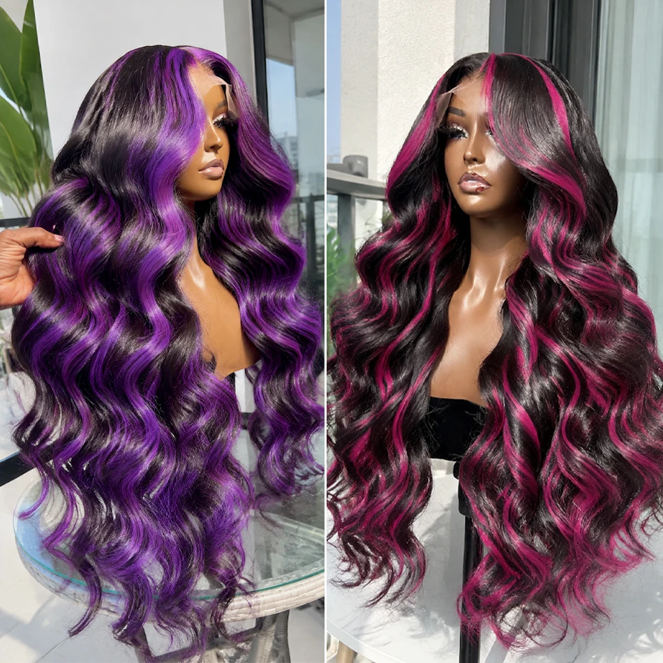 Brazilian 1B/Pink Ombre 13x4 13x6 HD Lace Frontal Wigs 250% Density Body Wave Dark Purple Highlight Wig Human Hair Colored Wig