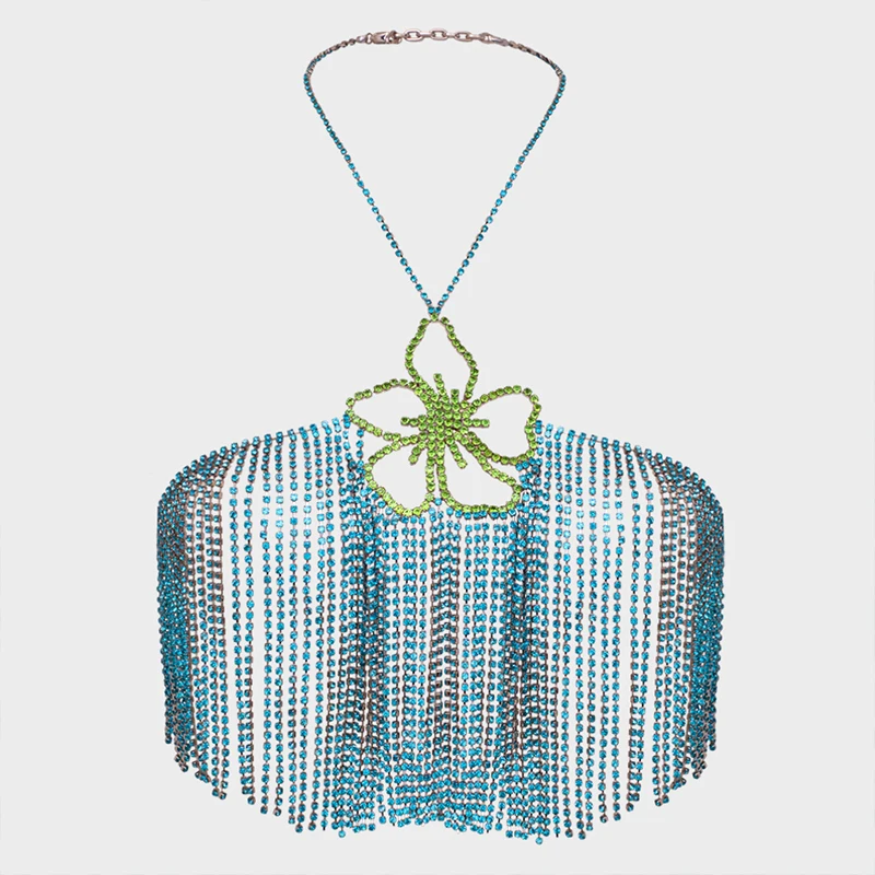 Stonefans Green Fringed Flower Bralette Luxury Designer Rhinestone BIkini Fashion Summer 2022 New Sexy Chest Shirt Chain Harness