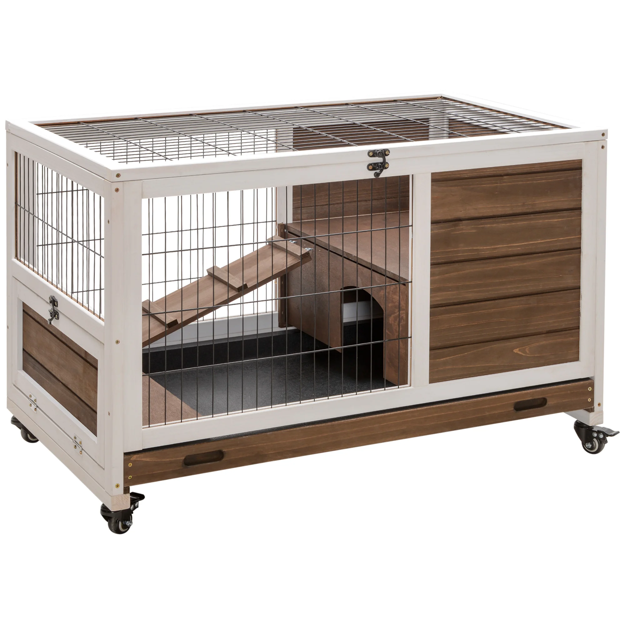 PawHut wooden rabbit cage small pet hutch portable indoor open roof ramp removable tray for guinea pigs 90x53x59 cm Brown