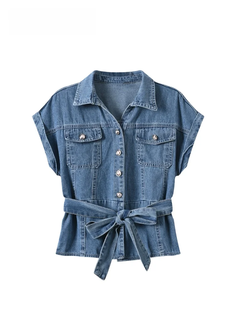 

plus Size Denim Shirt Women's Summer New Style Cara CLUB Shoulder Length Short Sleeve Meat Covering Design Loose Fit Top