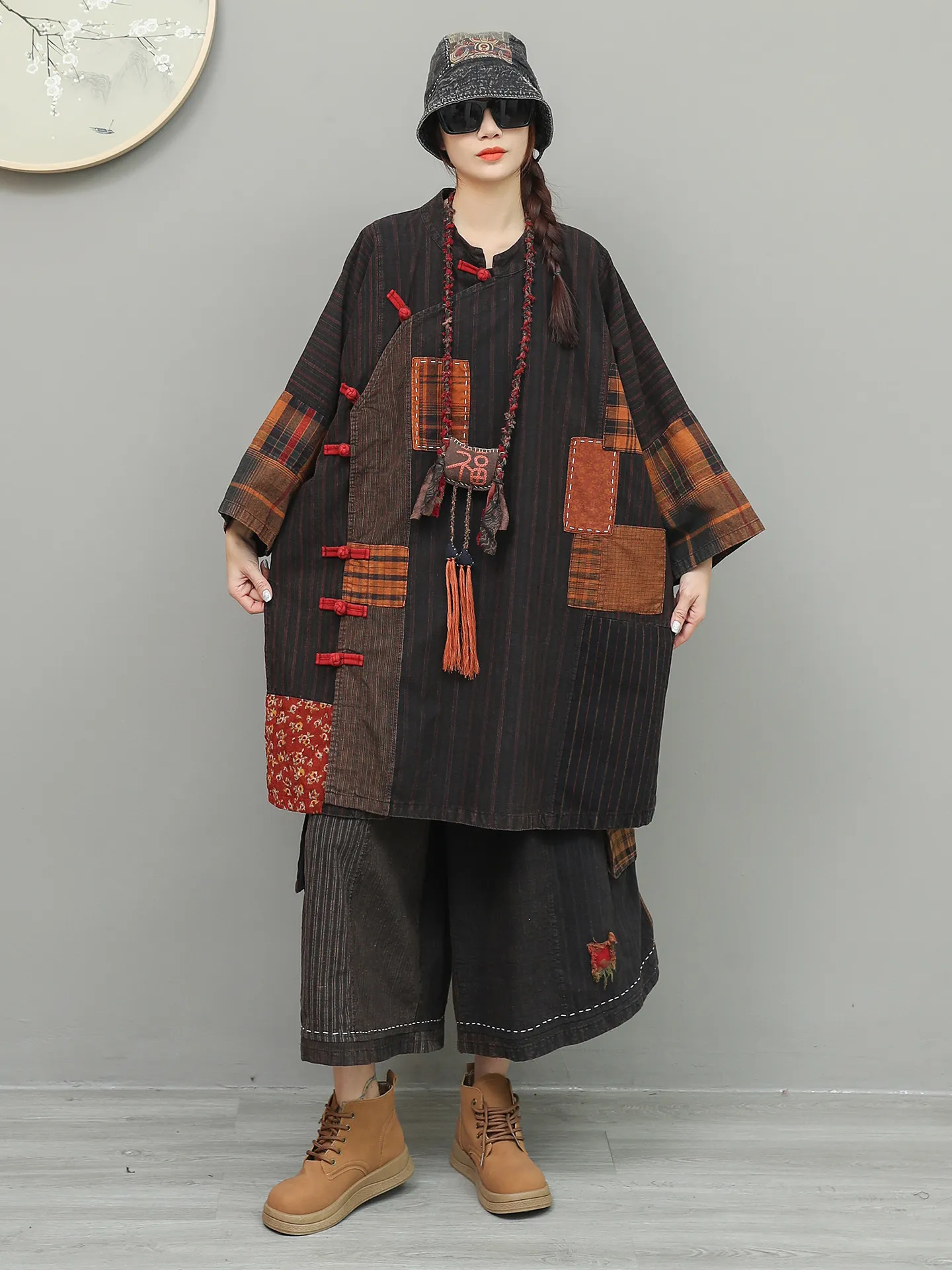 New Chinese Style Slanted Collar Buckle Patchwork Wide Legs Cropped Pants Two-piece Set Women's Spring Loose Casual Vintage Suit
