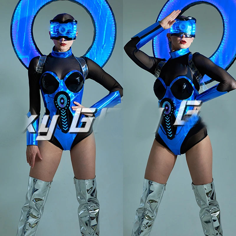 

Tech Punk Style Blue Laser Bodysuit Glasses Nightclub Ds Dj Gogo Dancer Costume Women Pole Dance Rave Clothes Outfit XS6246