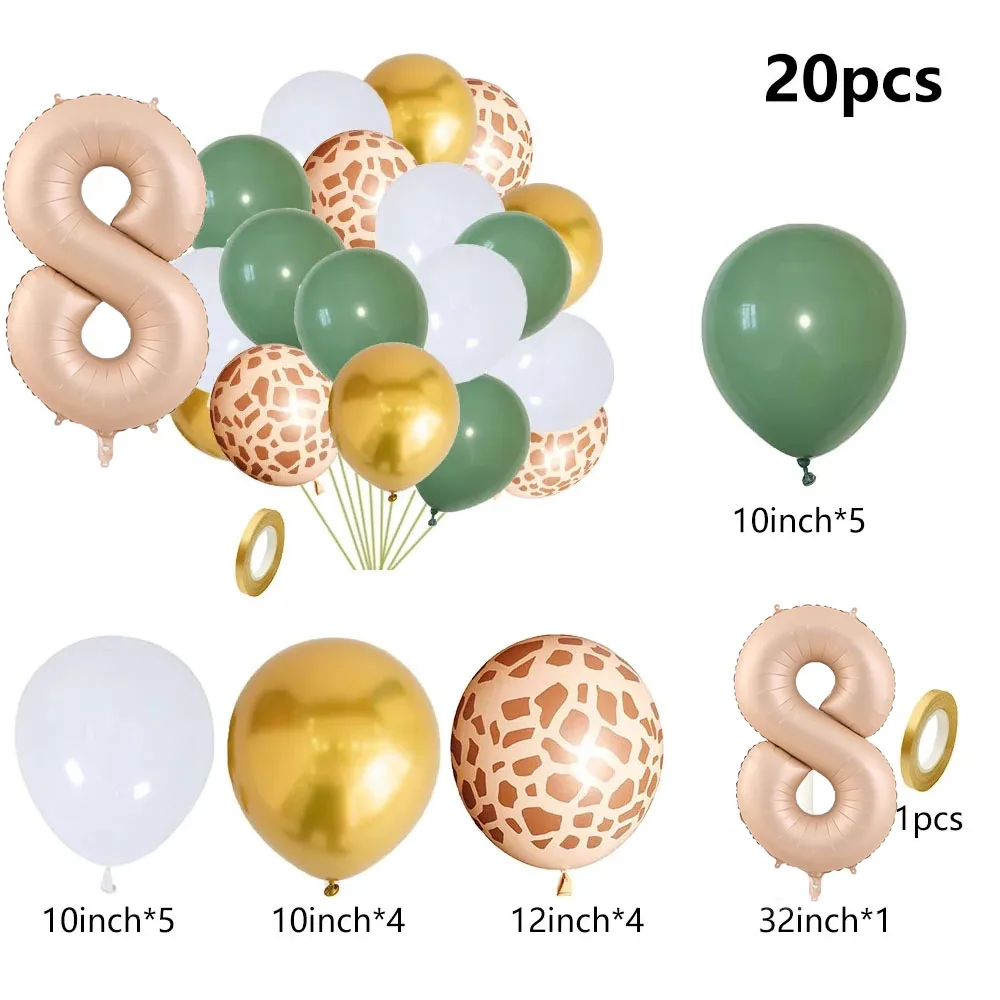 20pcs Jungle Animal Theme Party Sage Green Balloon Caramel Number 0-9 Foil Balloons Happy Birthday Party Baby Shower Decoration