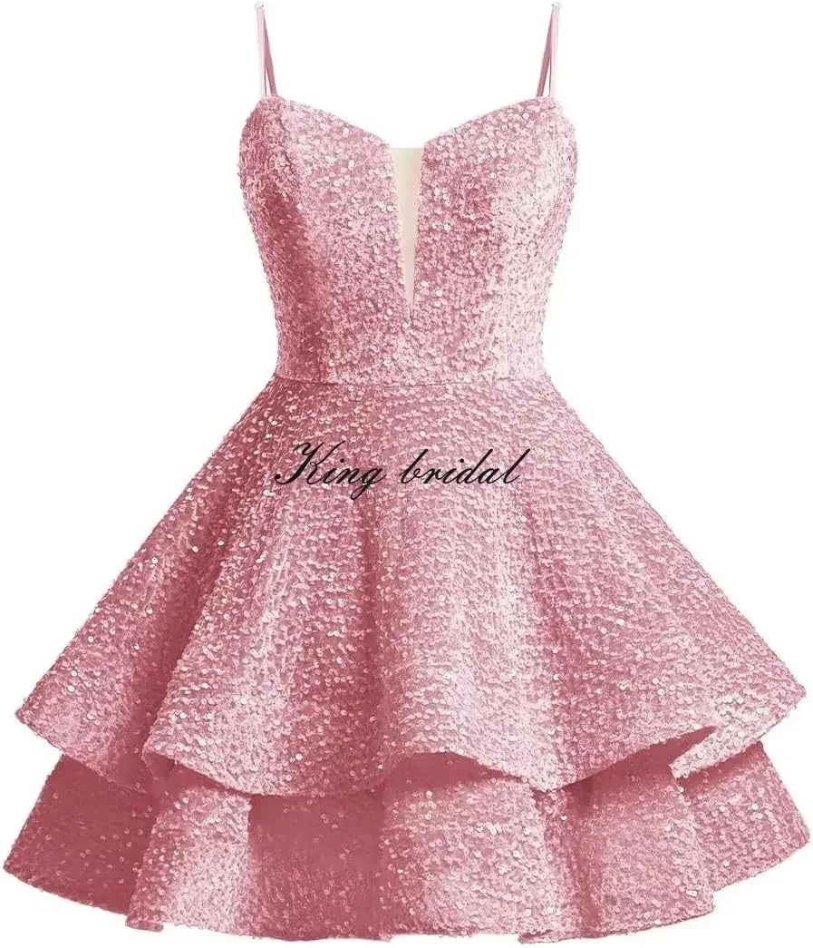

Pretty Girls Club Sparkly Sequin Short Homecoming Dresses for Teens 2025 Spaghetti Straps Mini Tiered Formal Prom Cocktail Gown