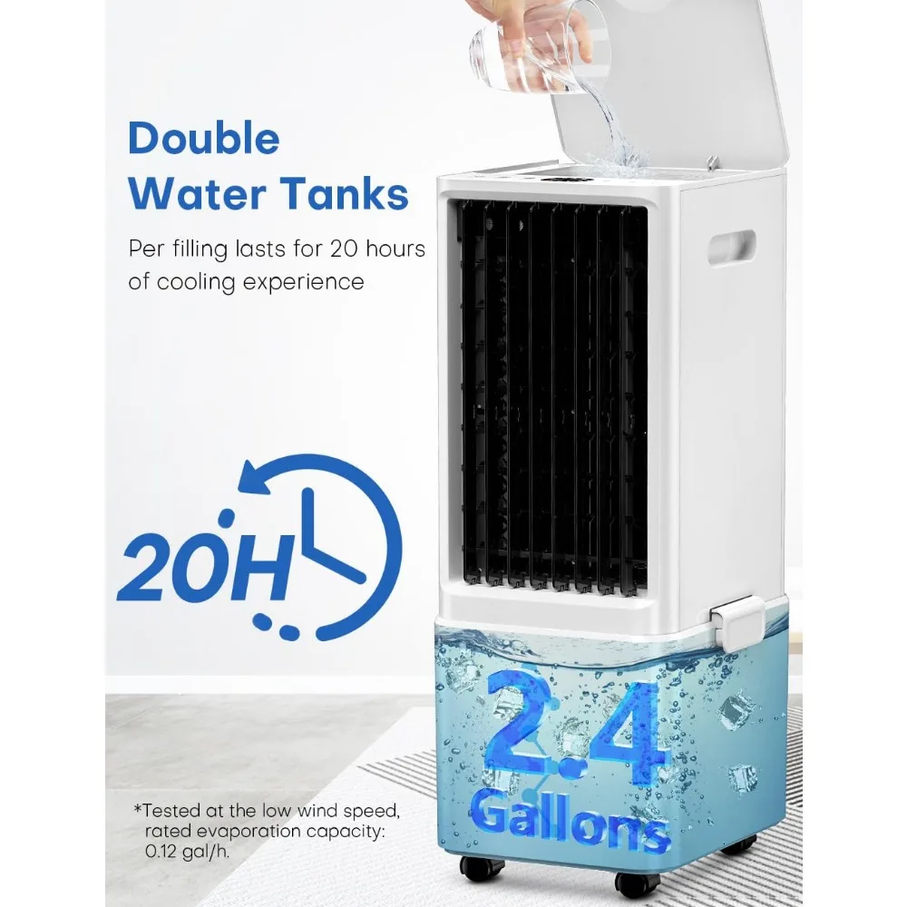 Draagbare Airconditioners W/Afstandsbediening, Waterloos Waarschuwingssysteem & 2.4-Gal Tank Voor 20H Koeling, Verdampingsluchtkoeler Voor Kamer