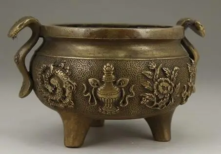 CHINESE OLD BRASS HANDWORK CARVING DRAGON FLOWER INCENSE BURNER