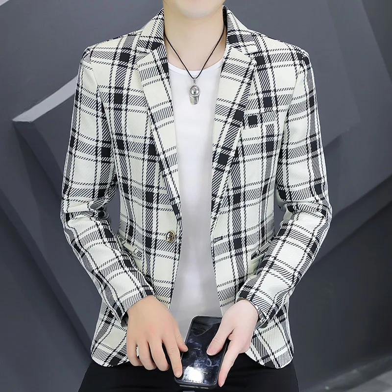 남성용 비즈니스 격자 무늬 세트 재킷, 세트 슬림핏 블레이저, 고품질 패션, 잘 생긴 캐주얼 코트, 2024