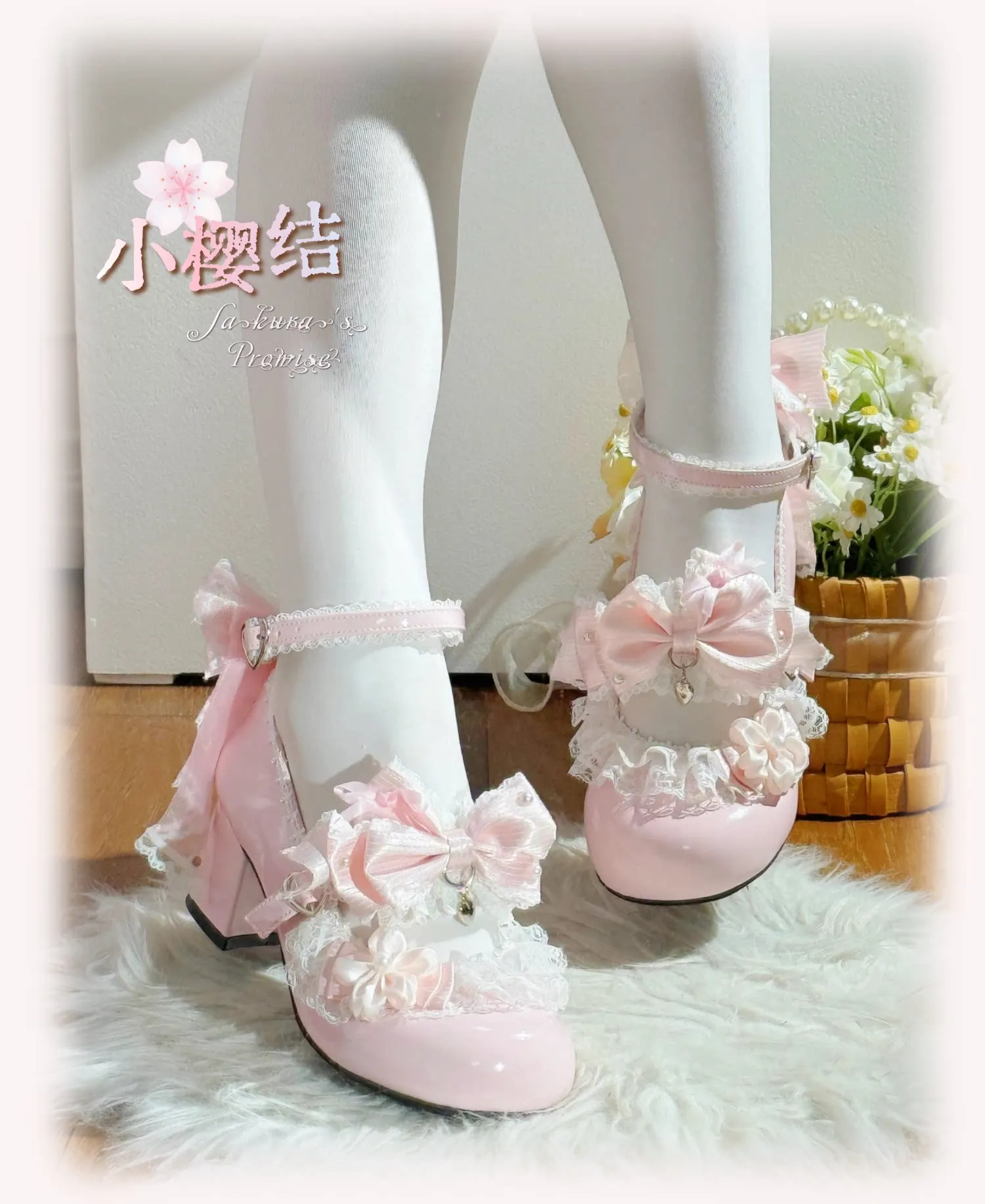 

Милые японские туфли в стиле Лолита с цветочным узором, бантом и кружевом, на среднем каблуке, с рюшами, для создания образа нежной девушки, великолепные туфли Lo