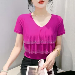 M-3XL New Summer Short Sleeved V-Neck Solid Color Mesh Tops Elegant Slim Hot Drilling Ruffles Women's T-Shirt Blusas