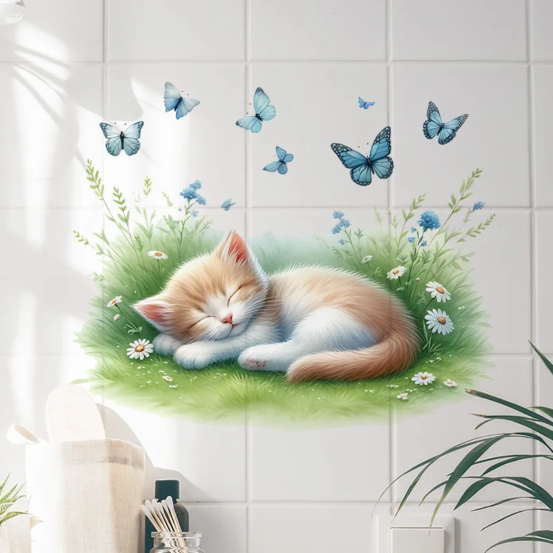 ملصق ديكور زجاجي على شكل قطة من المراعي لغرفة الأطفال، ملصق حائط لخلفية حيوان لطيف، ذاتي اللصق وقابل للإزالة
