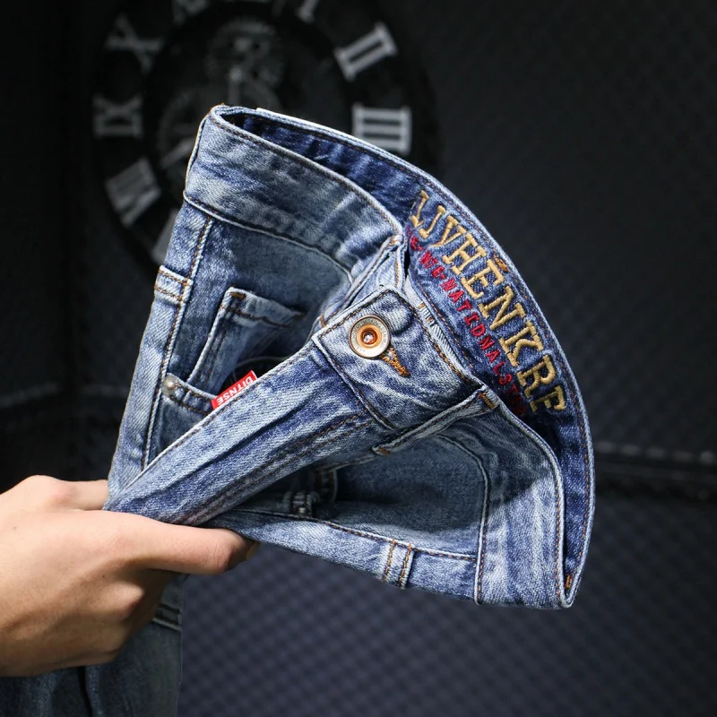 2024 New Blue Color Printed Jeans Men's Retro Nostalgic Washed Street Fashion High-End Slim Fit Light Straight-Leg Trousers