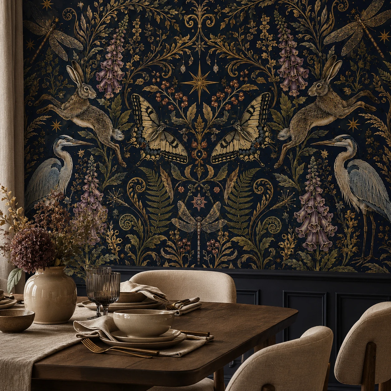 papier-peint-mural-gothique-avec-motif-animalier-celeste-decoration-vintage-avec-lapin-papillon-et-heron-pour-salon-non-auto-adhesif