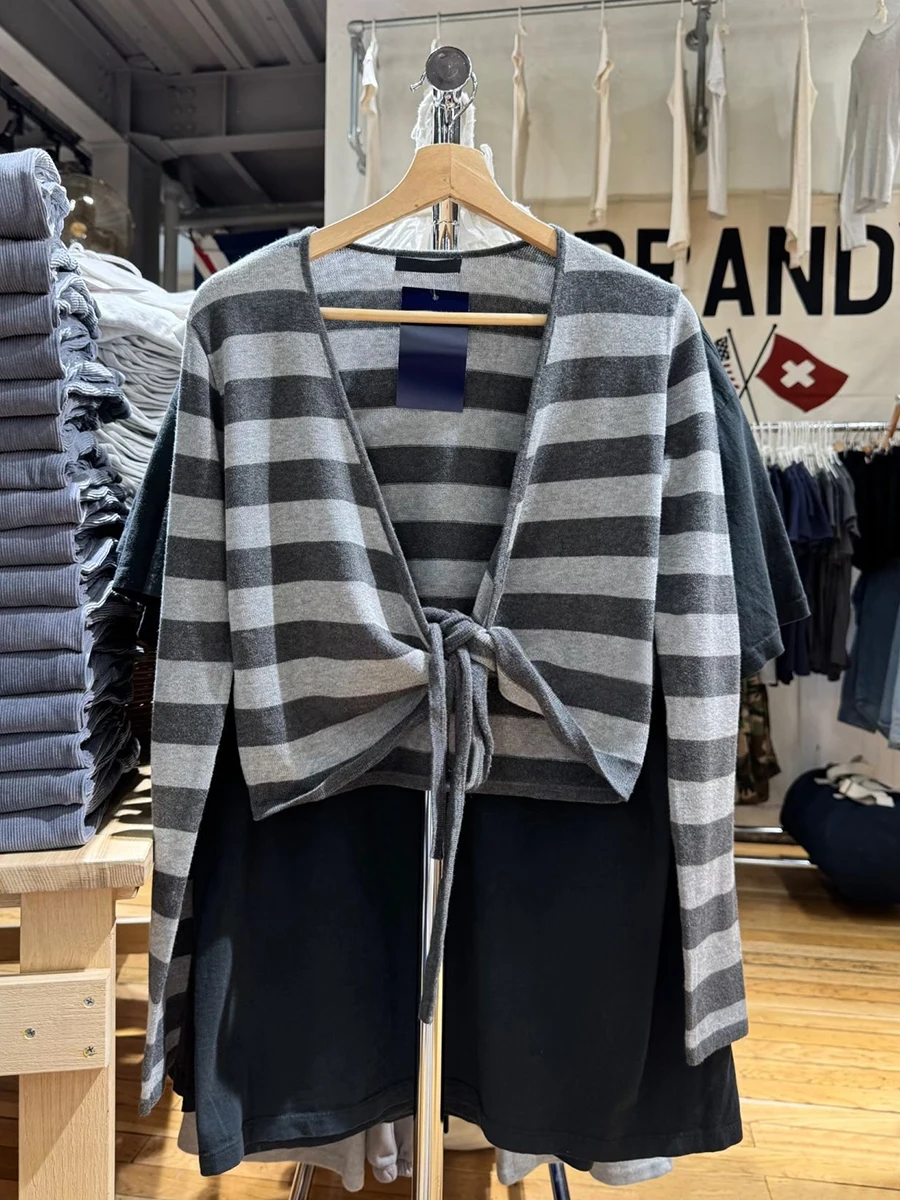 Gray Striped Lace-up T-shirt Cardigan Spring V-neck Long Sleeve Wrap Smock Female Vintage Sweet Cotton Crop Tops New Knitwear