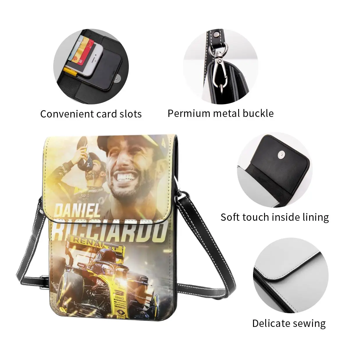 Daniel Ricciardo 3-Sac à bandoulière pour téléphone portable, sac à main pour téléphone portable, sangle réglable