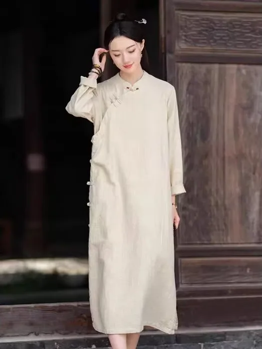 جديد المرأة الصينية Sle الخريف الرجعية زن العقل الجانب زر تعديل تشيباو تنورة Faionable التقليدية طويلة Sve irt #1