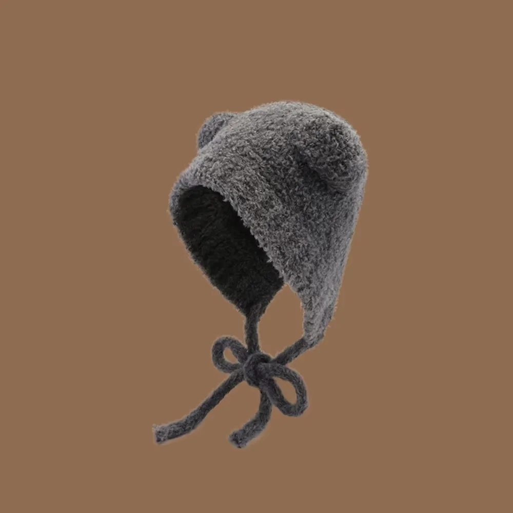 Fashion Y2k Bear Ear Wool Hat Ear Protection With Rope Beanies Cap Warm Lace up Knitted Bomber Cap