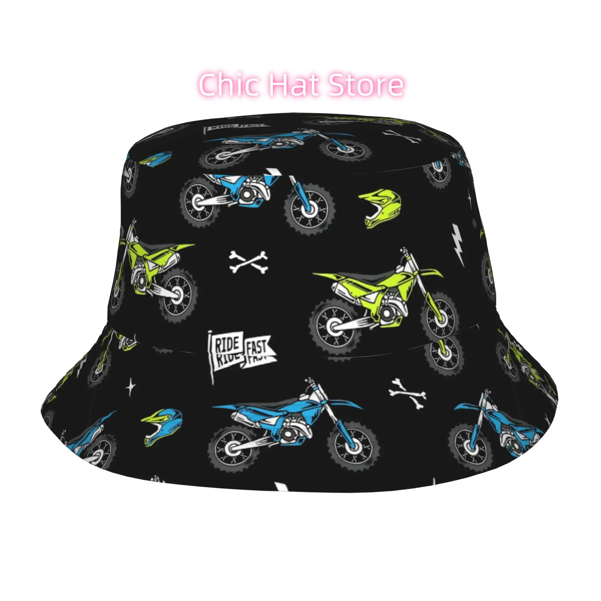 This One-Piece Motorbike-Themed Bucket Hat Is Fully Printed And Suitable for Everyone. It'S an Ideal Outdoor Sun Hat That Combin