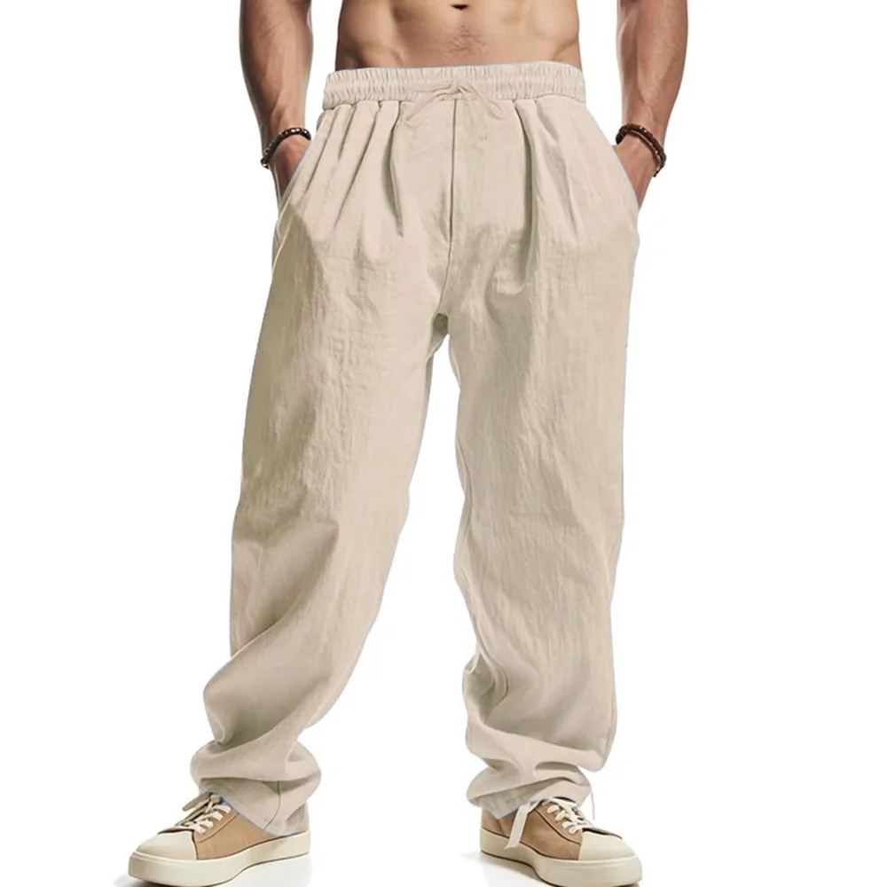 Men's Straight Leg Pants Cotton Linen Breathable Pants Lightweight Beach Hawaiian Style Lightweight Trousers Casual Sweatpants