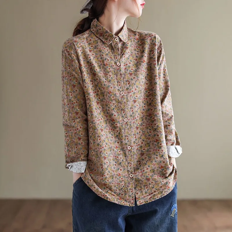 Women Long Sleeve Casual Shirts New Arrival 2022 Spring Vintage Style Floral Print Cotton Linen Ladies Elegant Tops B1575