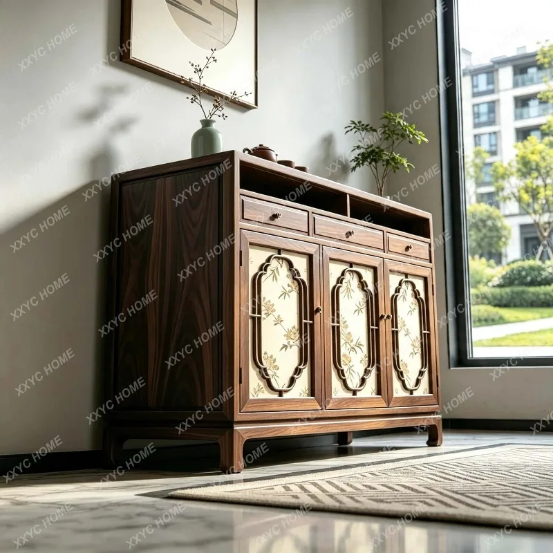 XX New Chinese Black Walnut Solid Wood Sideboard Minimalist Wine Display Wall Dining Storage Cabinet