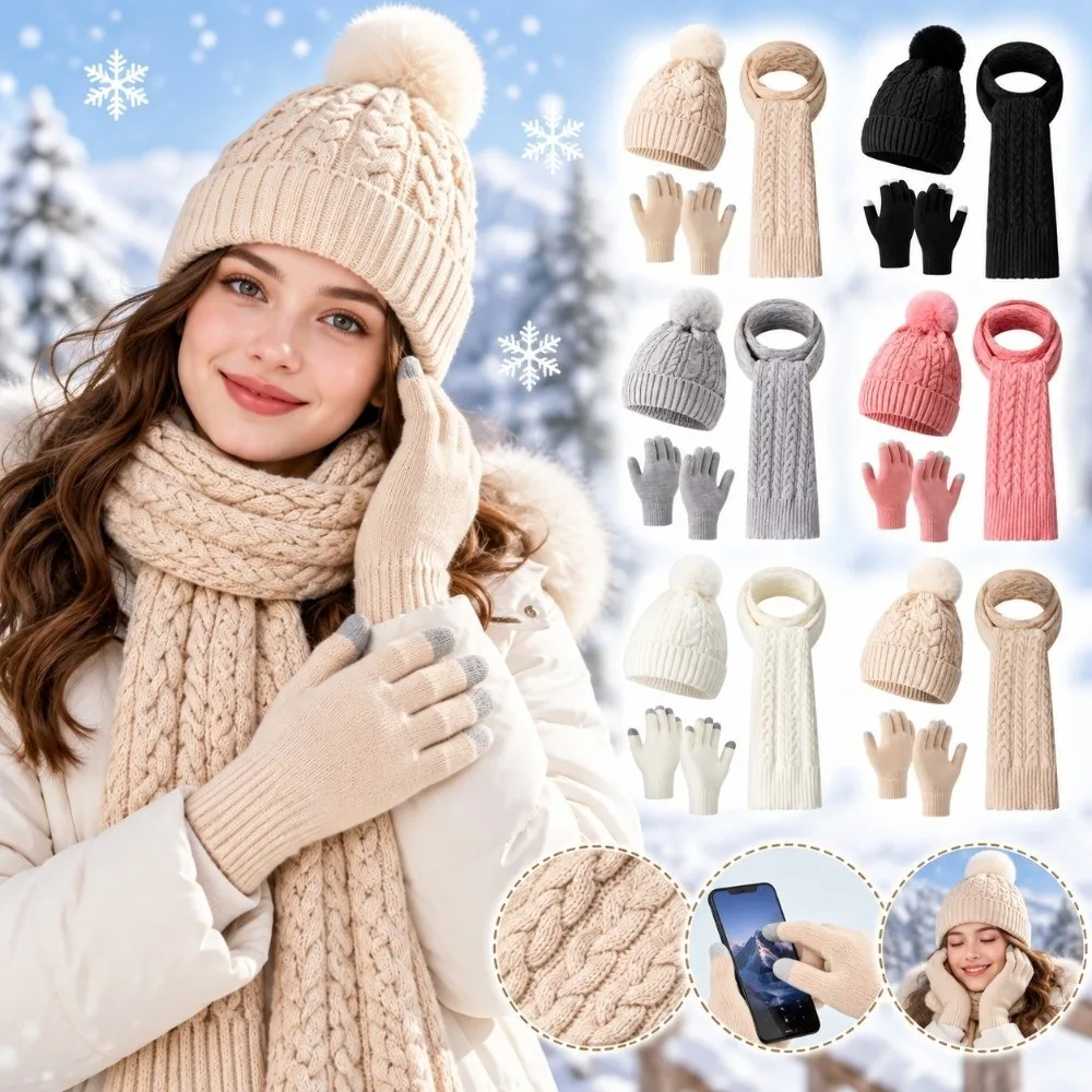 3Pcs/Set Warm Winter Hat Scarf Gloves Set Thicken Windproof Knit Beanie Snood Set Touchscreen Knitted Scarf Neck Warmer Suit