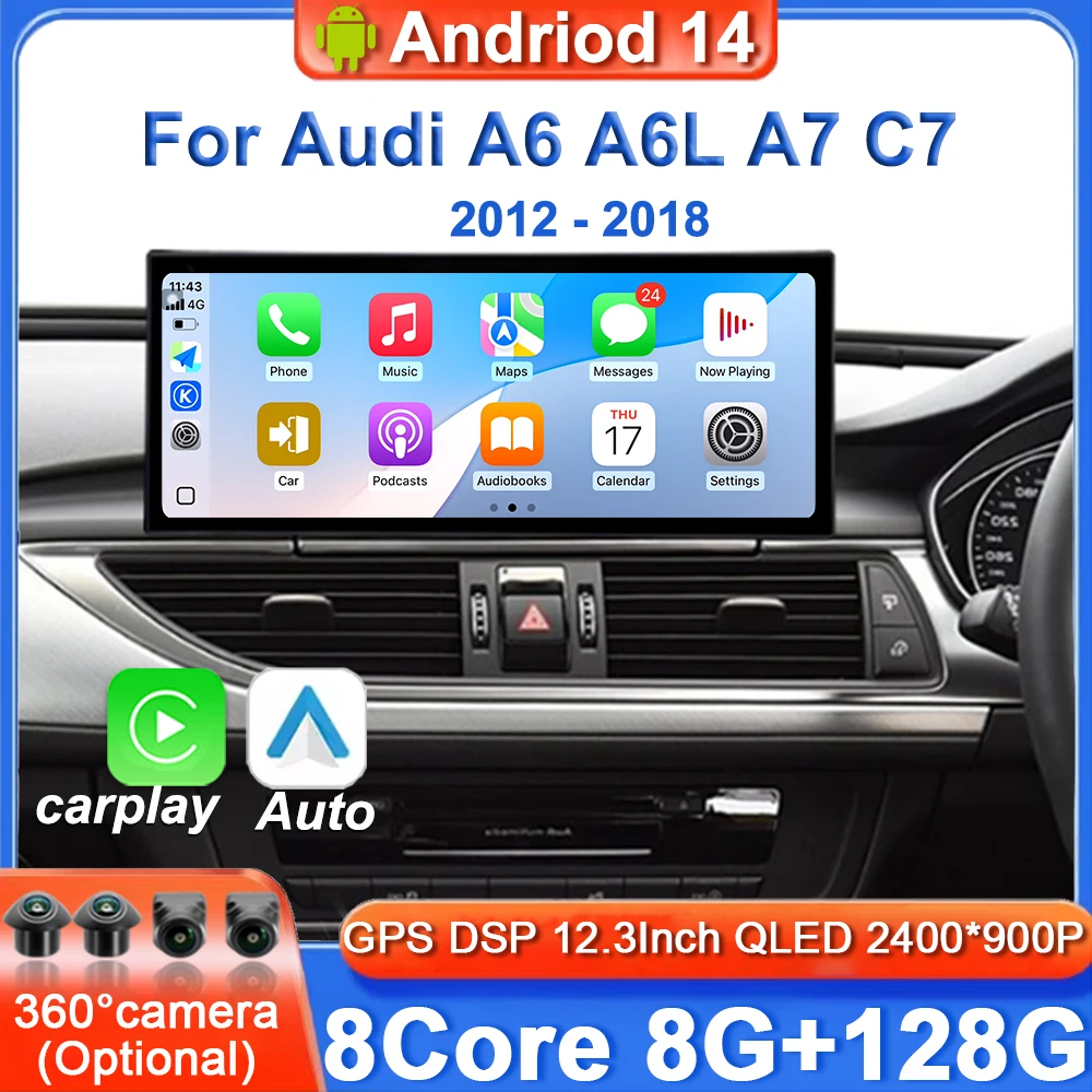 10,33 "/12,3" Android14 Carplay Für Audi A6 A6L A7 C7 2012-2018 Auto Multimedia-Player kopf Einheit GPS Navigation Rechtslenker