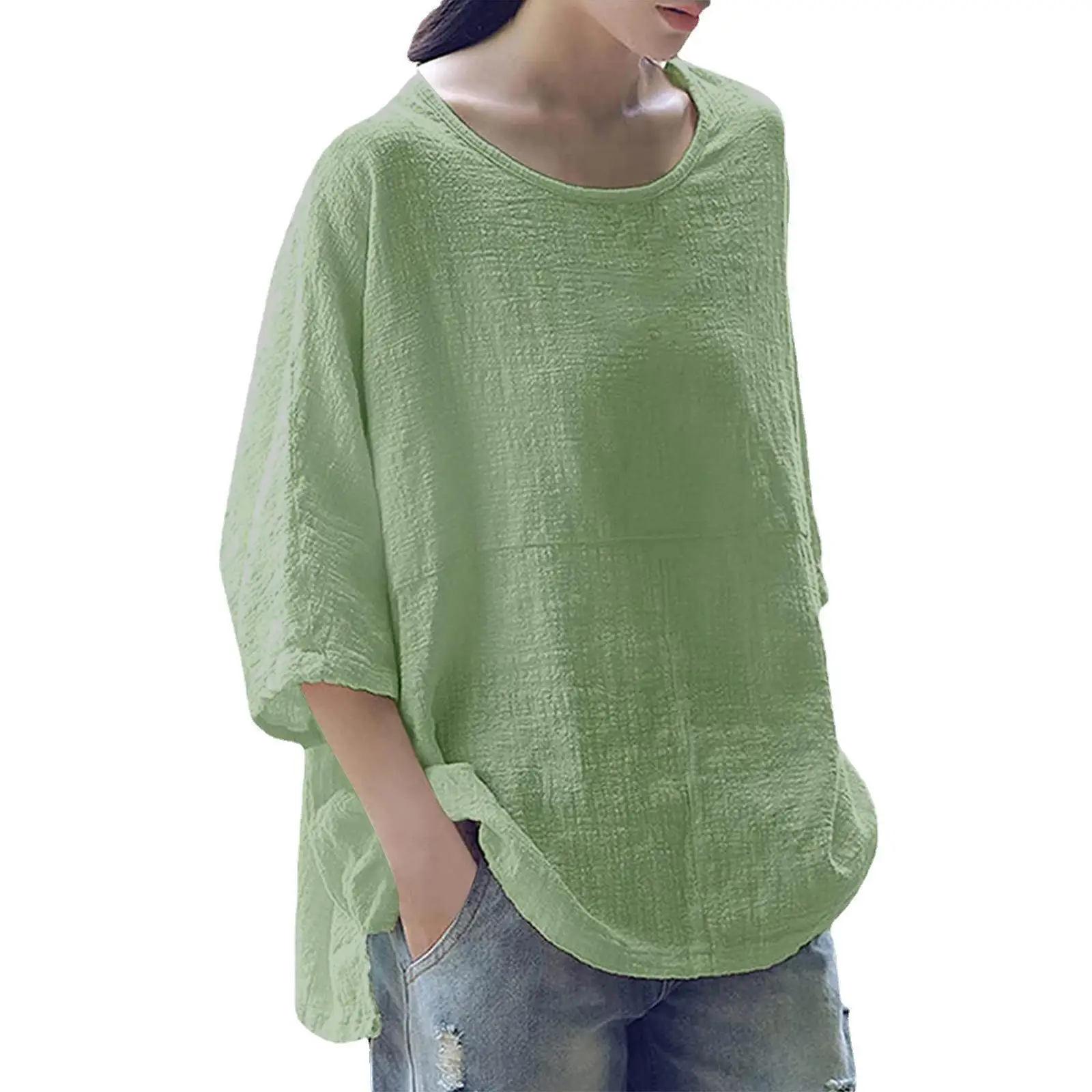 Summer Plus Size S-5XL New Casual Loose Wild Seven-Minute Sleeve Blouse Top Round Neck Solid Color T-Shirt Women