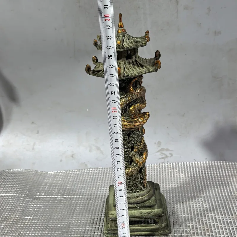 Copper Handmade Hexagonal Pagoda Burner with Dragon Relief, Elevated Vertical Incense Holder