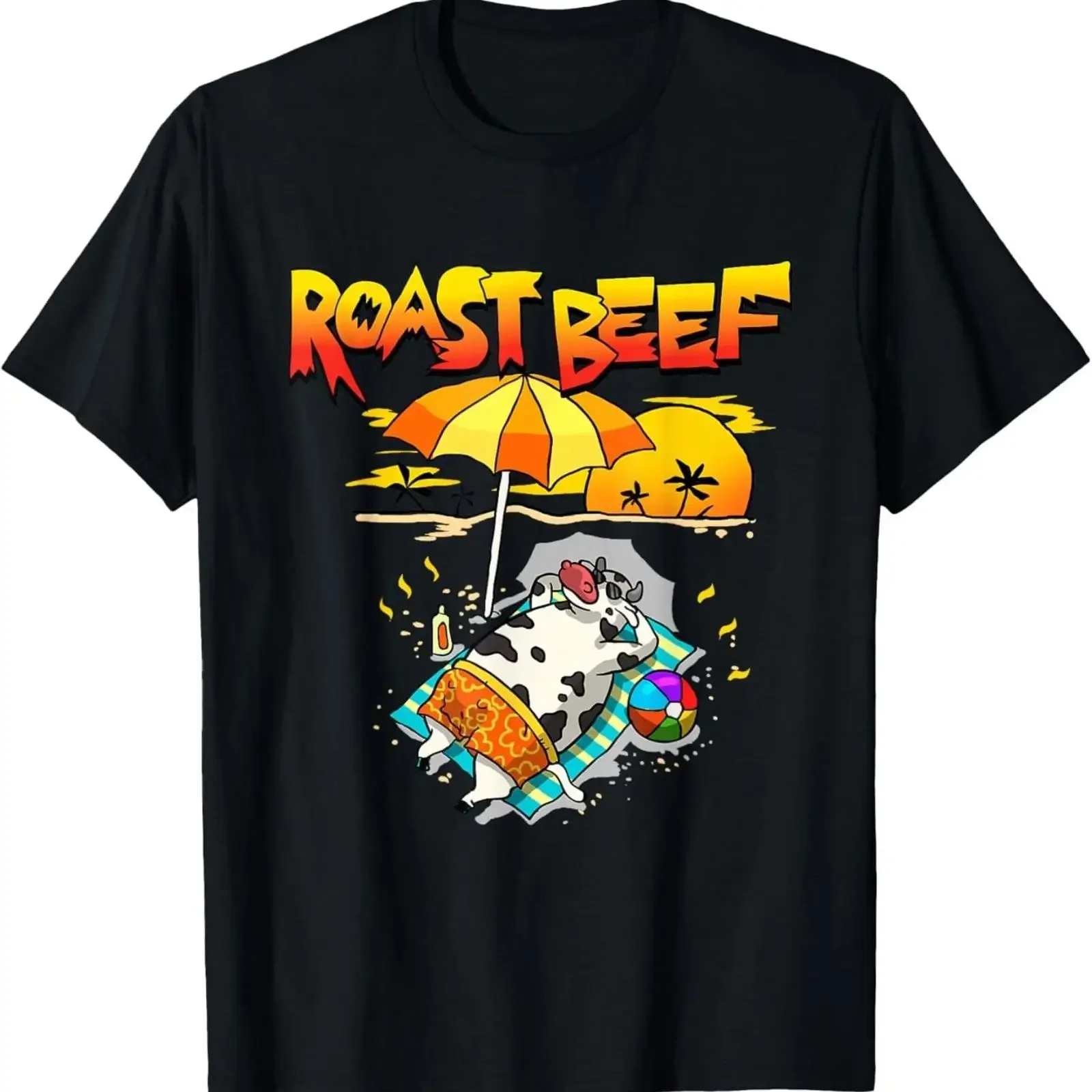 Roast Beef T Shirt Cow on Beach Vacation Sun Tan Summer Lover vintage Washed streetwear Versatile Comfortable graphic Stretched