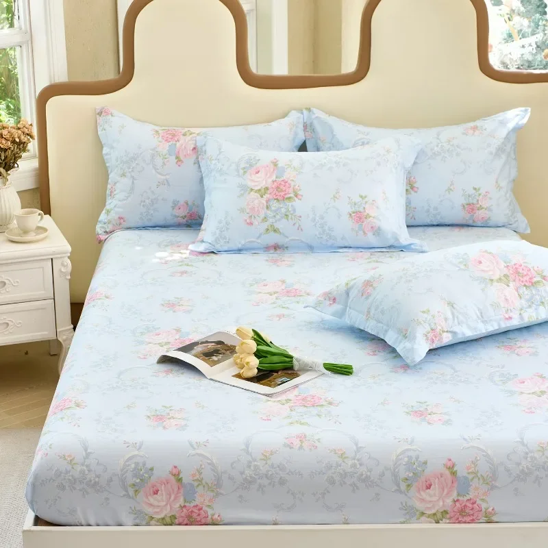 1pc 100% Pure Cotton Fitted Bed Sheet, New Printed Soft Skin Friendly Breathable Mattress Protective Cover with Elastic Band