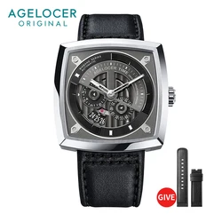 AGELOCER Orologio da uomo di lusso alla moda analogico luminoso punk nero meccanico automatico quadrato di marca superiore