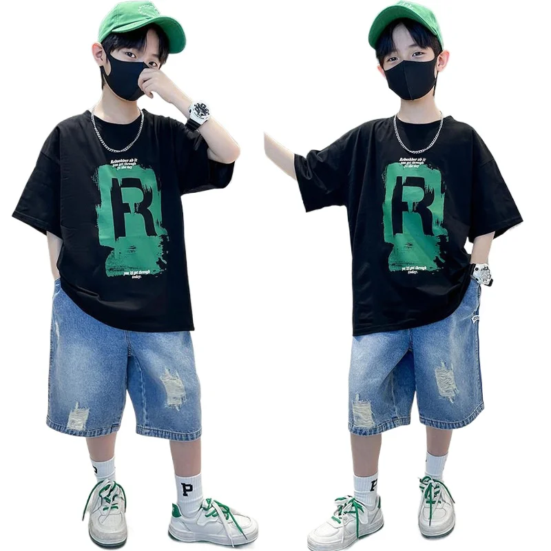 

Boys Clothing Set Summer Boutique Kids Suits Fashion Letter Printing T-shirt and Denim Shorts 2pc 4 To 14 Years black Outfits