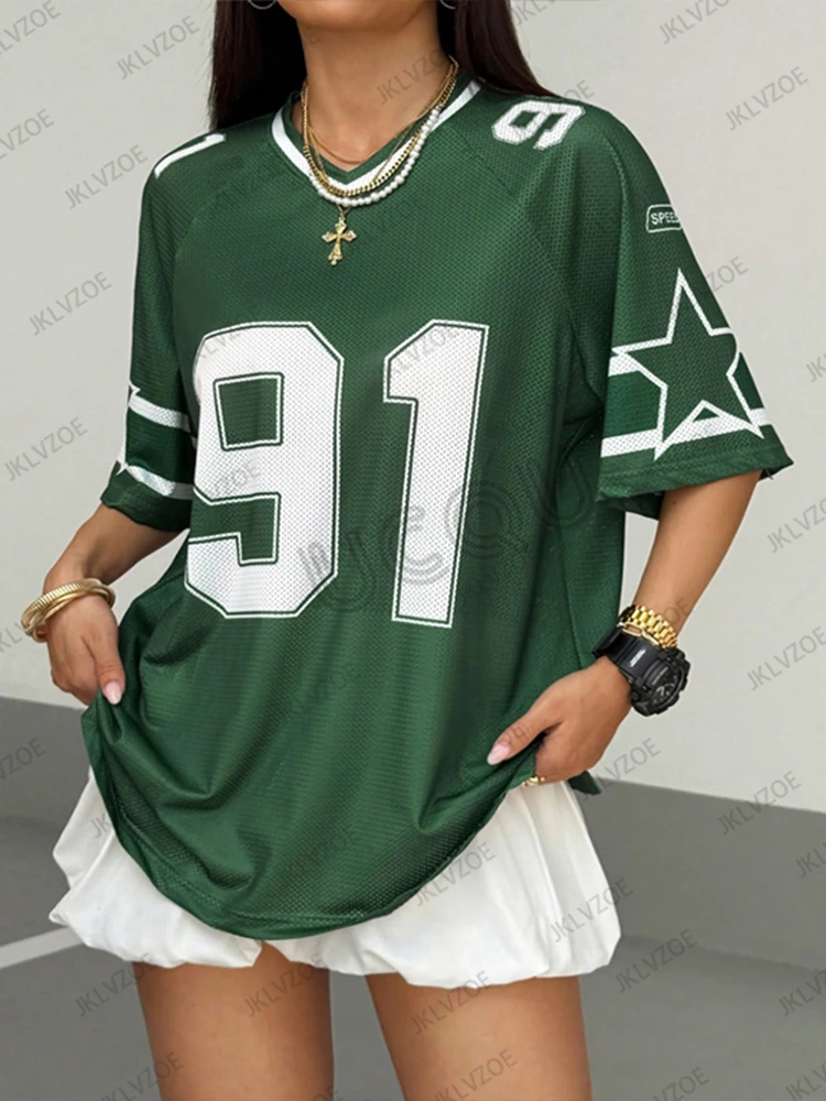 صيف جديد تي شيرت ملابس للنساء كم قصير المرقعة سرعة 91 طباعة الخامس الرقبة تيز كرة قدم رياضية جيرسي Y2k المتضخم القمم