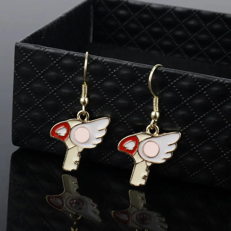 Anime Card Captor Sakura Drop Earrings Key Angel Wing Moon Pearl Dangle Earrings For Women Girls Gift