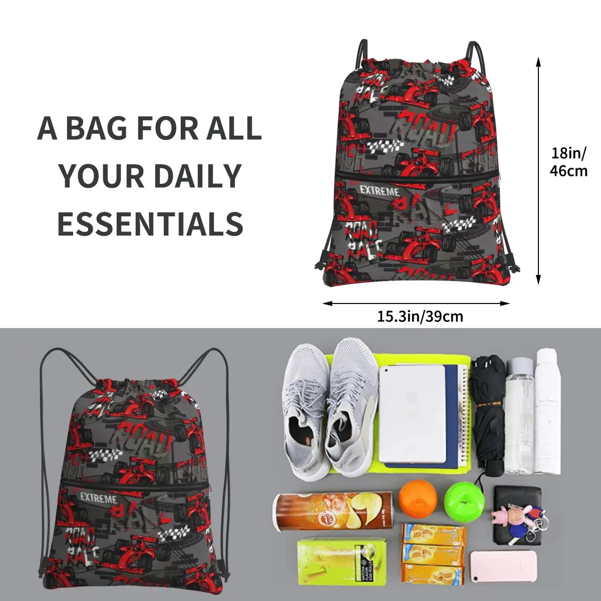 F1 Racing Cars Drawstring Backpack With Zipper Pocket Sports Gym Bag Reversible Print String Sackpack for Exercise