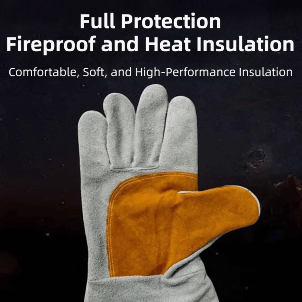 Soft Leather Heat Resistant Gloves Durable Thick Heat Insulation Leather Gloves Stretchable Wrist Long Sleeve Welding Gloves