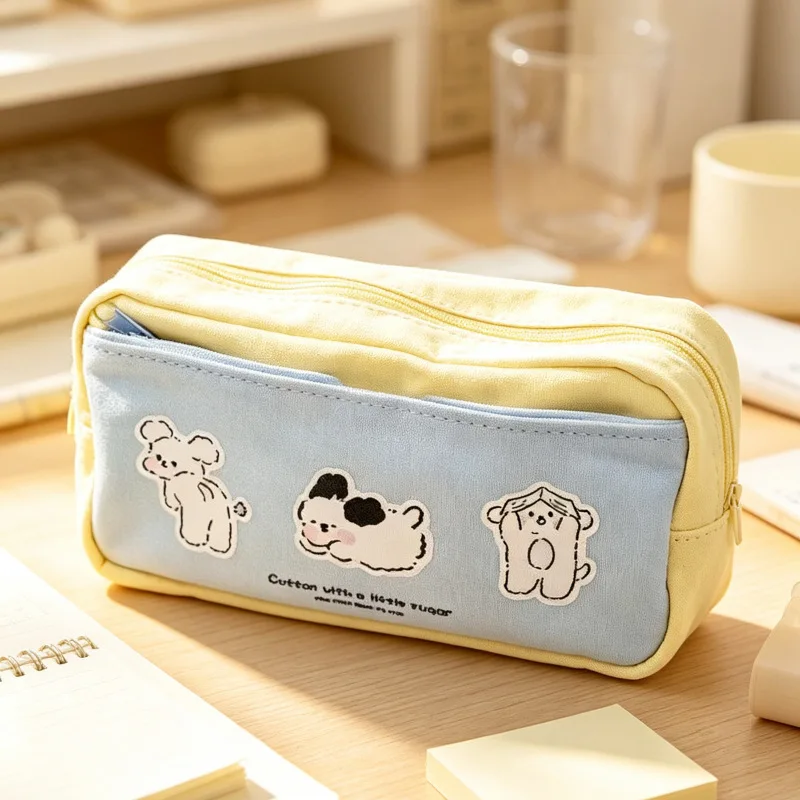 Canvas Pen Bag With 3 Cartoon Puppy Print Large Space Zipper Stationery Pouch For Teen Girls Middle High School Daily Study