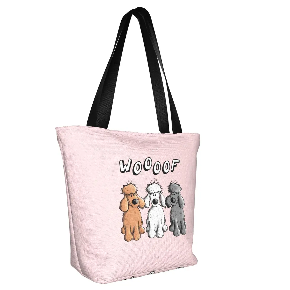 Funny Printed Woof Poodles Shopping Tote Bags Recycling Canvas Shoulder Shopper Cartoon Poodle Dog Handbag