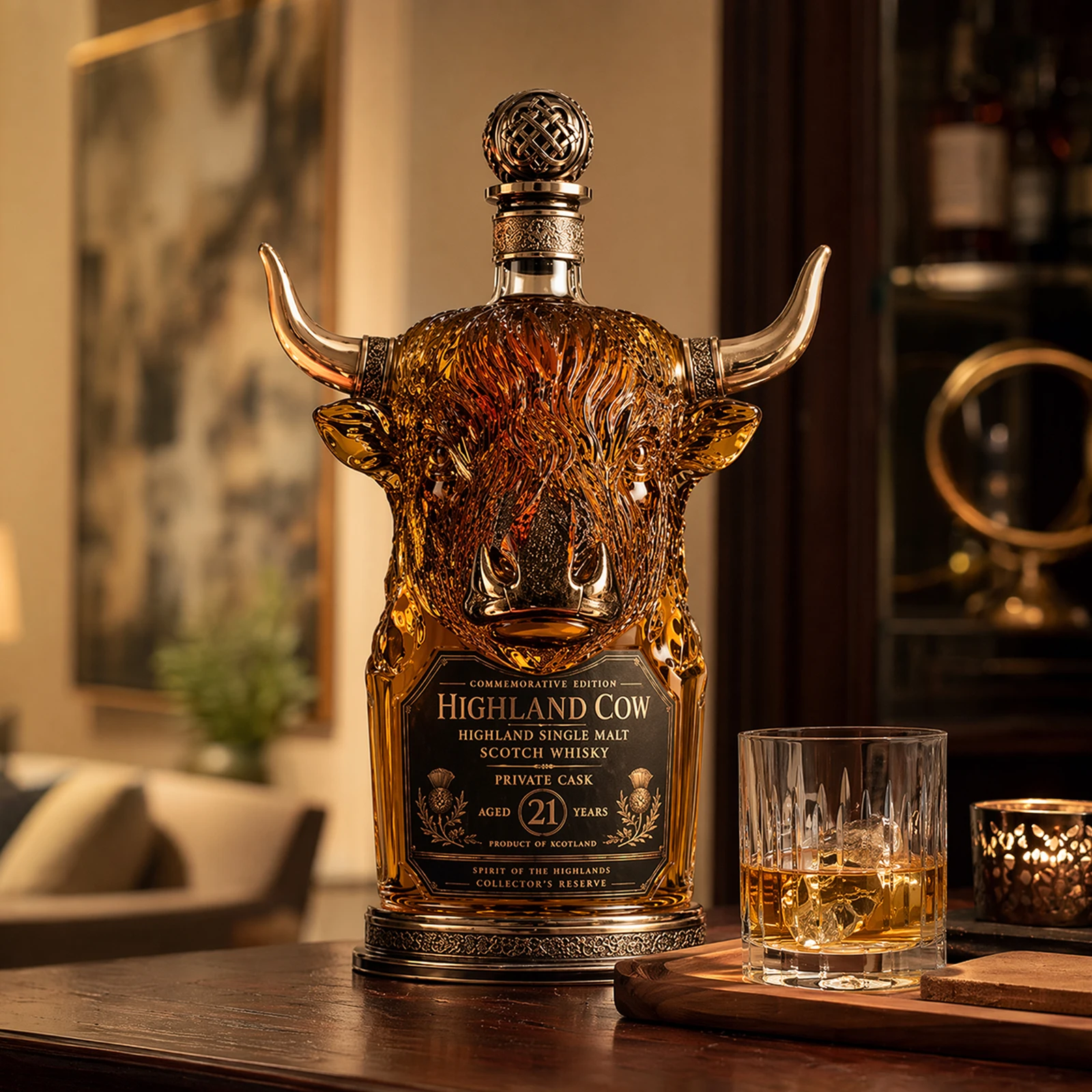 Western Home Decor Bison Buffalo Shaped Glass Decanter Bottle Bar Collectible Display Figurine Decor