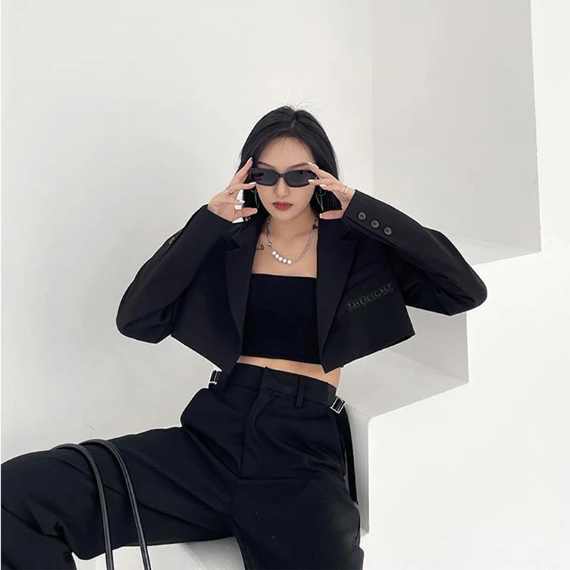 MEXZT Cropped Blazers Women Korean Black Suit Short Jackets Streetwear Harajuku Print Coats Vintage Elegant Slim Casual Outwear