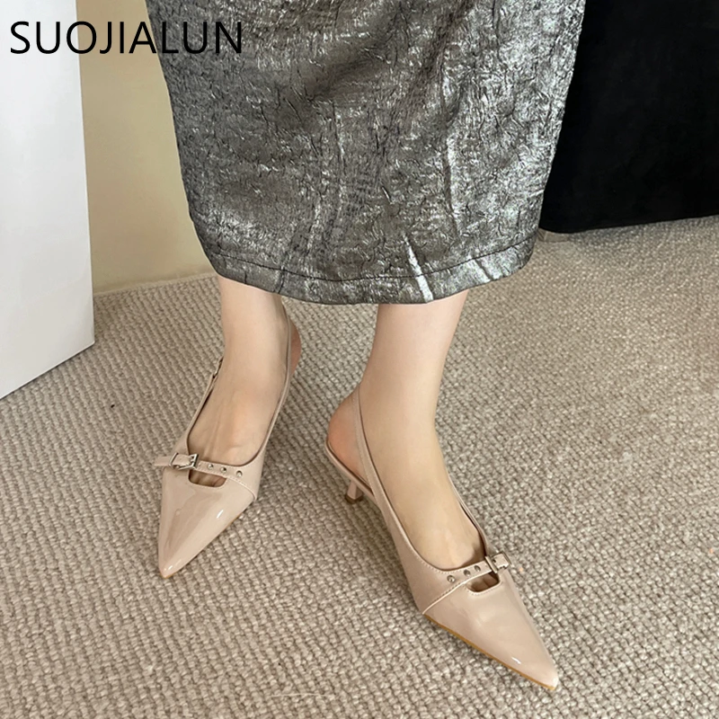 SUOJIALUN New Brand Women Sandal Shoes Fashion Pointed Toe Shallow Ladies Elegant Slingback Shoes Shallow Dress Pumps Shoes